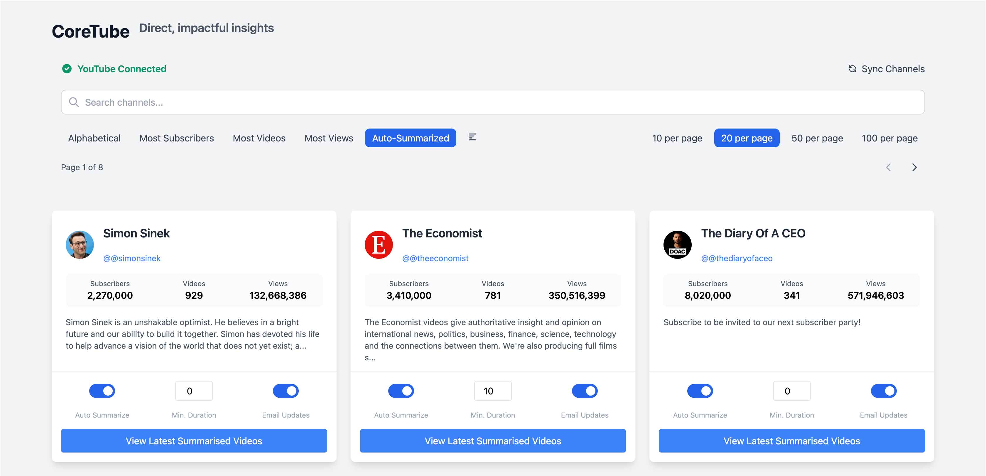 CoreTube Dashboard: AI YouTube Summariser to your inbox